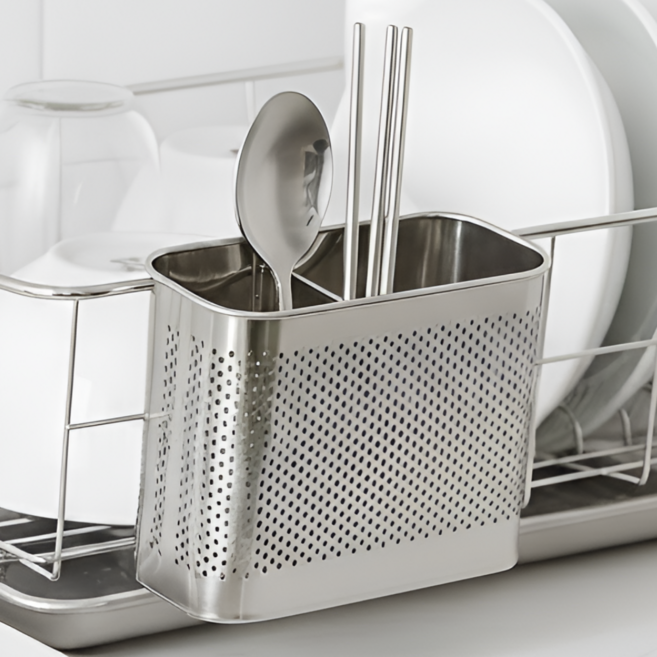 에스홈 물빠짐 빠른건조 걸이형 스텐 수저통, 1개, 실버