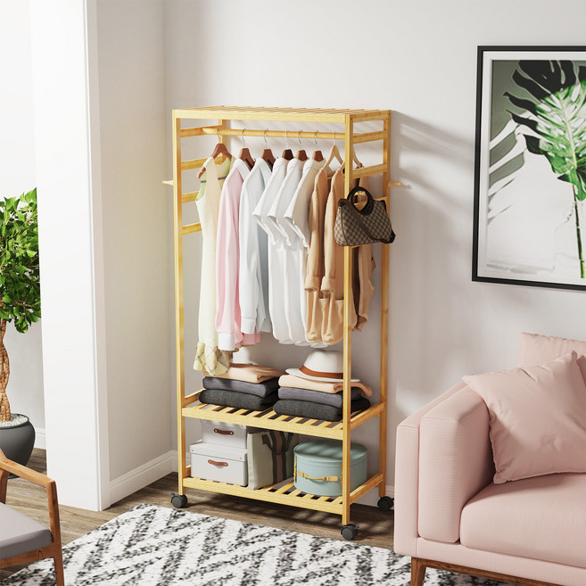 원목 이동식 시스템 행거 드레스룸 선반형 대나무 옷걸이 행거 우드, 갈색