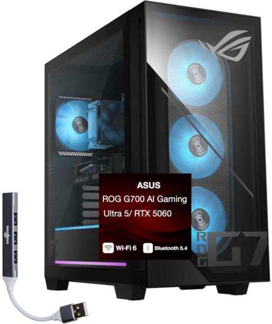 에이수스 ROG G700 AI 게이밍 데스크탑 PC 인텔 울트라 5 225F 지포스 RTX 5060 8GB GDDR7 32GB DDR5 1TB PCIe SSD RGB 팬 600, 16GB RAM|1TB SSD, Win11Pro