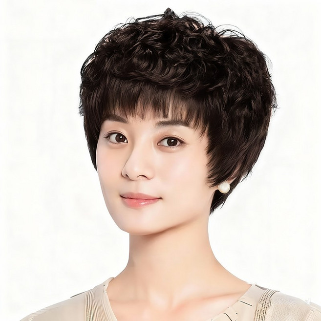 지비킹 수제 인모 중노년여성 전체가발 통가발 웨이브 항암가발, 1개, 브라운