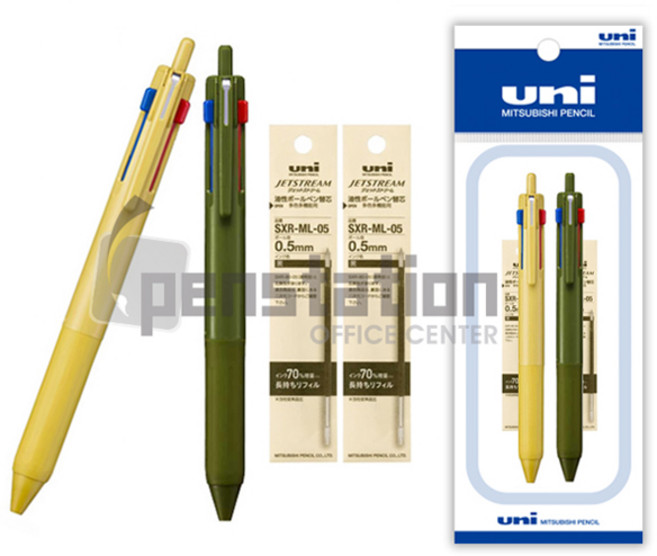 유니 제트스트림 507 3색 볼펜 2개 +흑색 리필심 2개 세트, 1개, 0.7mm 레몬옐로우1개+다크올리브1개+리필2개 세트