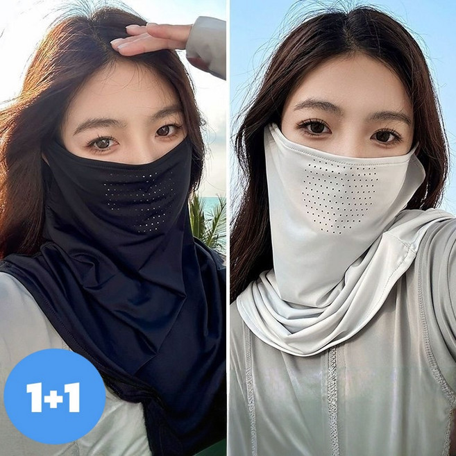 Makone 여성 통기성 좋은 자외선차단 귀걸이형 심플 마스크 러닝 얇은 넥워머 1+1, 1세트, 블랙+라이트그레이