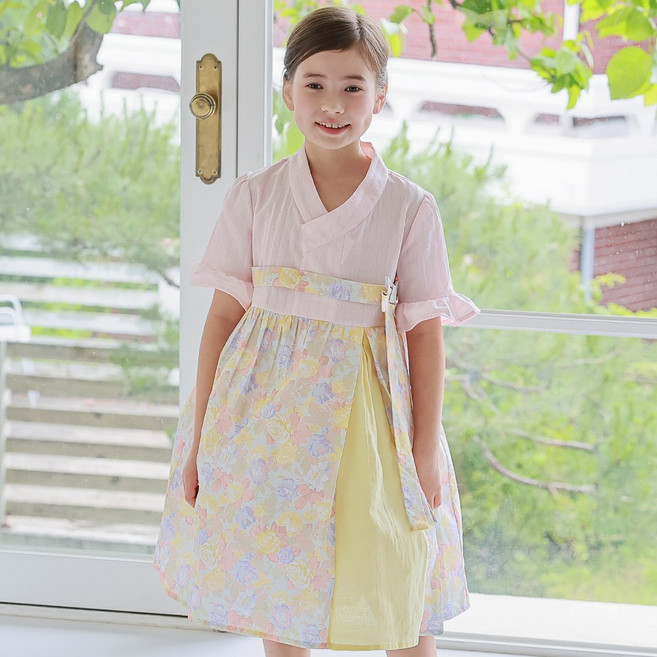 하랑한복 제니뎅이 꽃무늬 배색 포인트 데일리 여아 아동 생활 한복 원피스