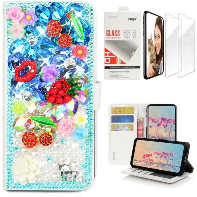 STENES 블링 월렛 케이스 (iPod Touch 7세대(2019) 호환) - 스타일리시 3D 수제 장미꽃 장식의 예쁜 주얼리 가죽 (손목 스트랩 및 화면 보호필름 포함) [