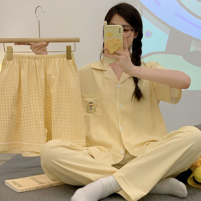 여성 잠옷 옐로 체크 사계절 홈웨어 파자마 상하의 3종 세트