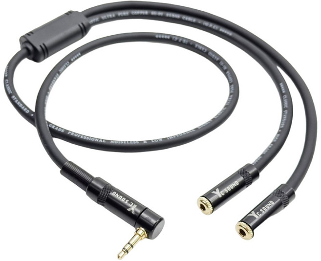 YC SOUND 高級手工 3.5mm 一分二 耳機分享線 Y型線 3.5母 AUX 一公轉兩母 情侶線, YF59-86LBG 彎頭 6mm線,50cm分岔30cm