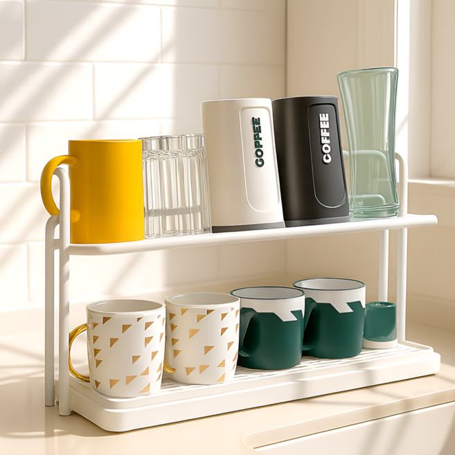 라라마을 업그레이드 완벽 물빠짐 컵보관 건조대, 1개, 화이트, 2단