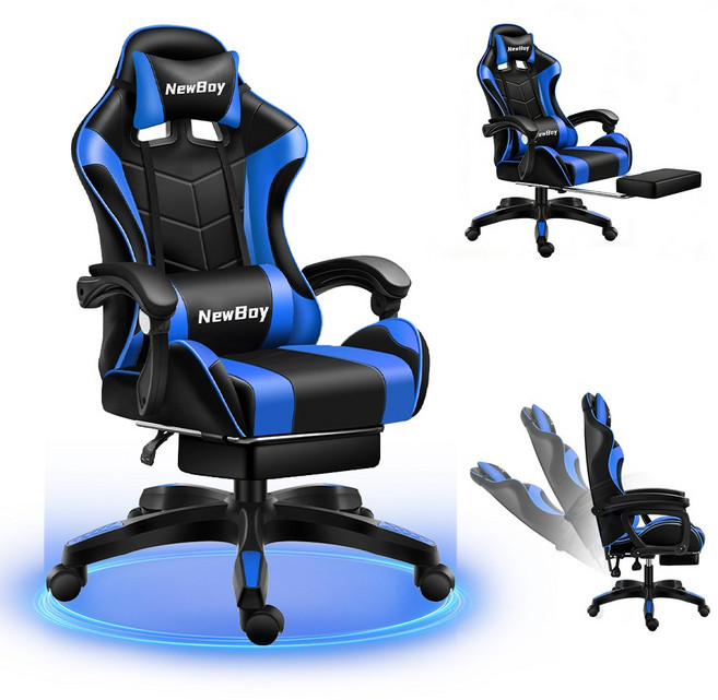 NewBoy 게이밍 의자 발받침 포함 최상의 착석감 책상용 의자 재택근무용 게이밍 의자 누울 수 있는 디자인 인체공학적 다양한 기능, 블랙, 게이밍의자