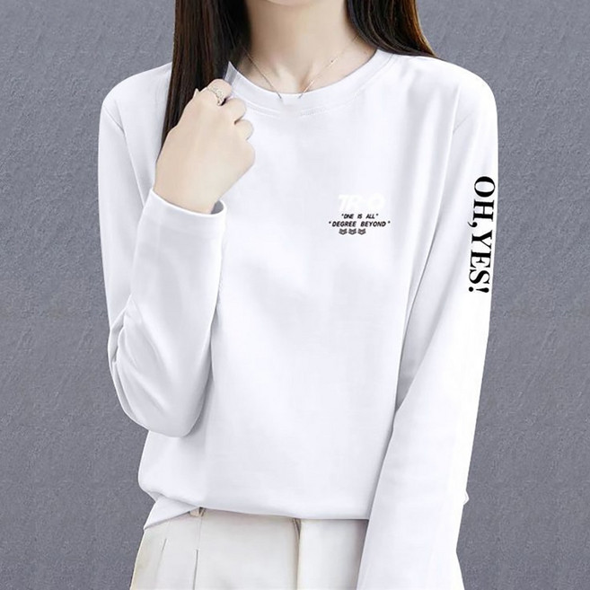 ROYALBELLE 여성 라운드넥 레터링 프린트 긴팔 순면 루즈핏 캐주얼 중년 티셔츠 V01020224