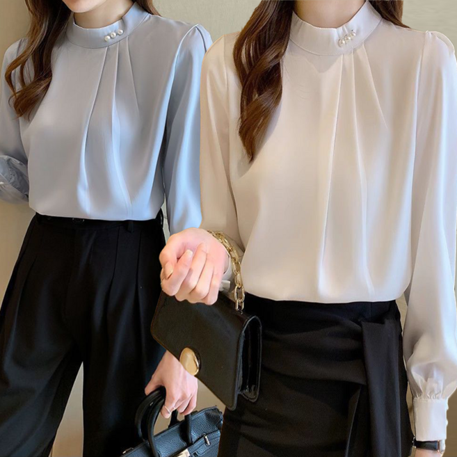 여성 쉬폰 블라우스 긴팔티 루즈핏 반목폴라 정장 티셔츠 오피스룩 빅사이즈