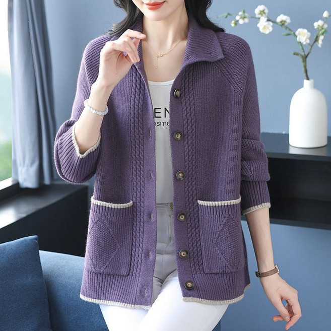 ORZQU 봄가을 중년 여성 패션 니트 카디건 순색 카라넥 루즈핏 스웨터 아우터