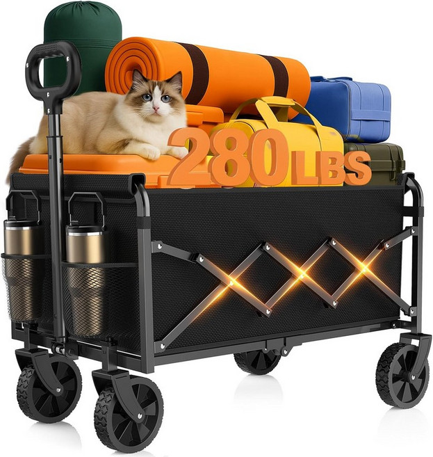 마차 카트 접이식 바퀴가 달린 280파운드 - 캠핑 여행 스포츠 식료품 쇼핑 블랙을 위한 가벼운 휴대용 소형, Black