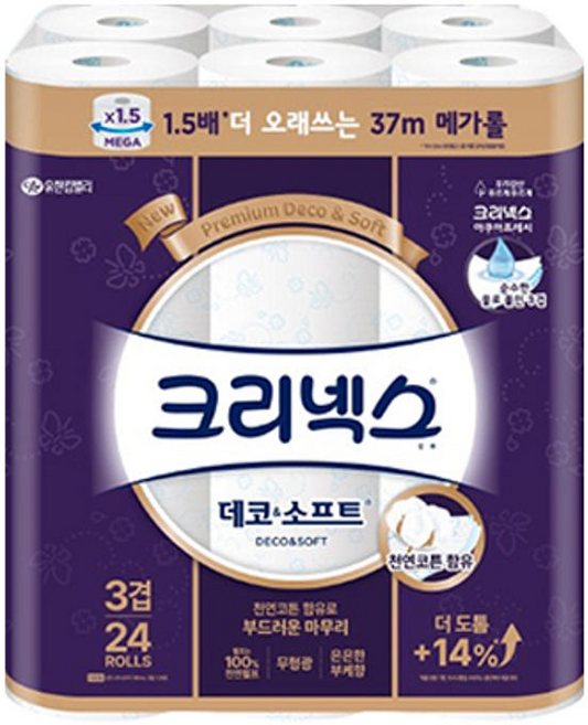 크리넥스 천연펄프 3겹 데코앤소프트 화장지, 1개, 24롤, 37m