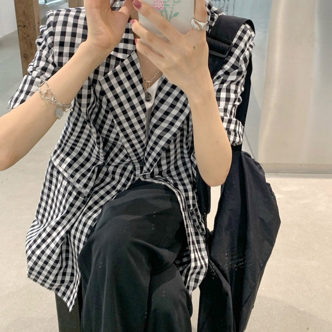 대박난박양 깅엄체크 반팔 자켓