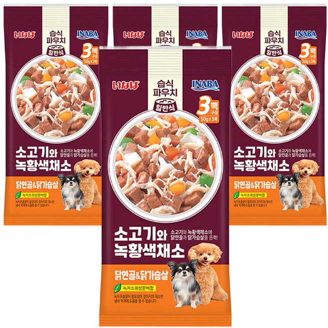 이나바 강아지 소고기와 녹황색채소 파우치 닭연골&닭가슴살 QDR-145, 혼합맛(닭가슴살/소고기/닭연골), 150g, 4개