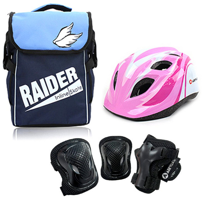 에어워크 마리 핑크 아동 인라인 스케이트 보호장비 세트 / 인라인 가방+헬멧+보호대, 헬멧_핑크/가방_블루:보호대_블랙_M, 1개
