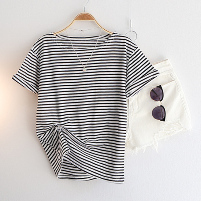 여름 하루 보트넥 단가라 반팔 티셔츠