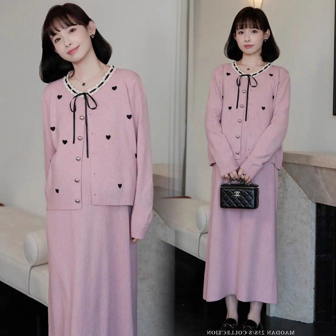 임산부 세트 봄가을 여성 패션 니트 가디건 + 나시 원피스 투피스 춘추 캐주얼 트위드 기질 임부복 WMY