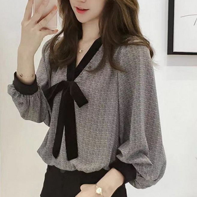 여자 긴팔 브이넥 블라우스 선크림 옷 리본 CIILLNY