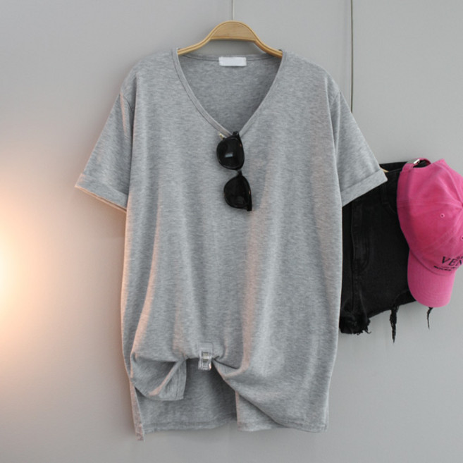 달콩 여성 빅사이즈 무지 심플티 실키유브이넥루즈핏롱티