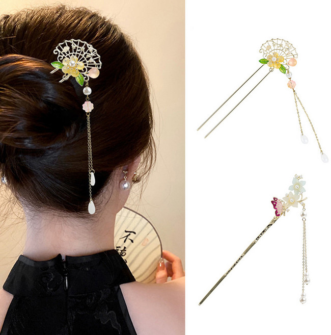 ZMBIRD 올림머리 화려한 꽃 진주볼 포인트 태슬 비녀 2종세트 H5226
