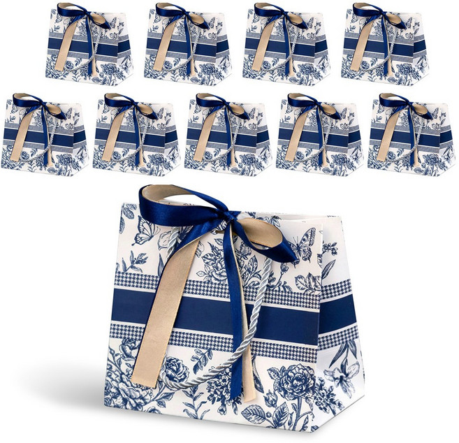 리빙맘 플라워 패턴 리본 종이 쇼핑백 선물 포장 답례품 가방, 소 (18*10*16), 10개, 블루