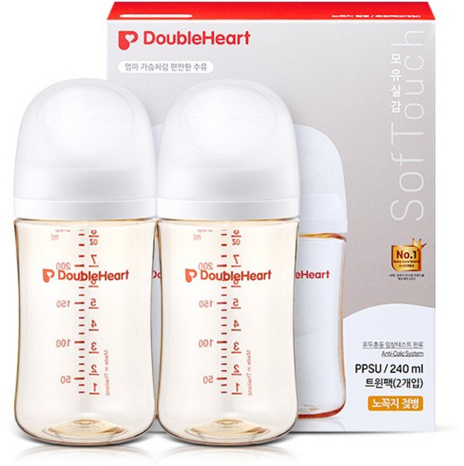더블하트 모유실감 3세대 PPSU 노꼭지 젖병 트윈팩, 제뉴인화이트, 240ml, 2개