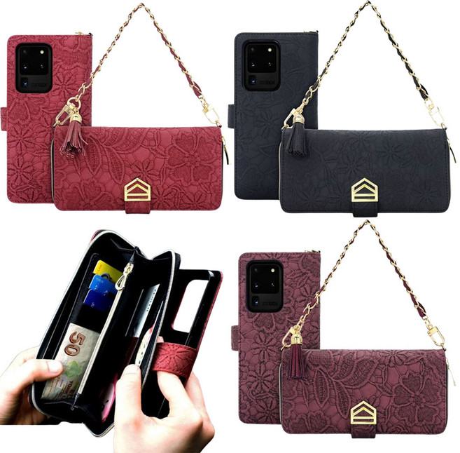 갤럭시 점프4 SM-M366K 지갑형 2가지 스타일 손목스트랩 체인스트랩 지퍼형 카드 포켓 가죽 휴대폰 다이어리 케이스 JCLOPES