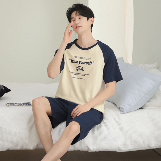 純棉男士夏季休閒款短袖短褲睡衣套裝