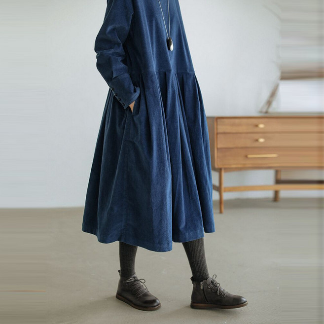 Sorpci여성 코듀로이 원피스 라운드 루즈핏 심플 패션 캐주얼 롱 원피스 골덴 긴팔 롱스커트