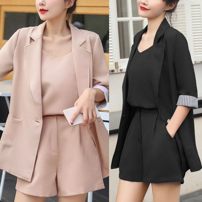 믹스블링 3pcs 세트 여성 롤업 7부 자켓 반바지 나시 정장 셋업