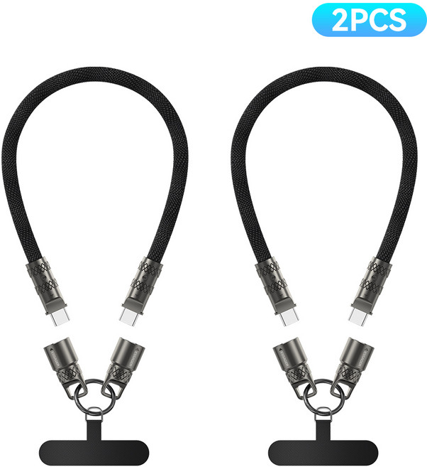Essager 핸드폰 목걸이 스트랩 케이블 2 in 1 60W USB C타입 고속 충전 케이블, 2개, 블랙, 1.2m