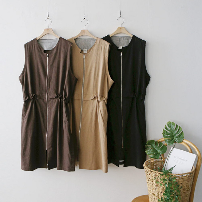 옷자락 여자 레이어드용 지퍼 민소매 나시 린넨 조끼