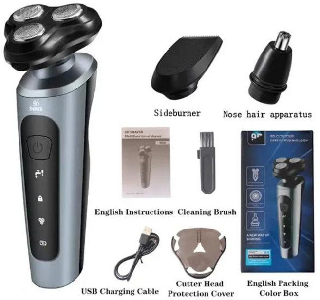 남성용 새로운 9D 전기 면도기 USB 차량용 고출력 전신 세척 수염 칼 4-in-one 충전식 면도기, [06] Silver 3 in 1