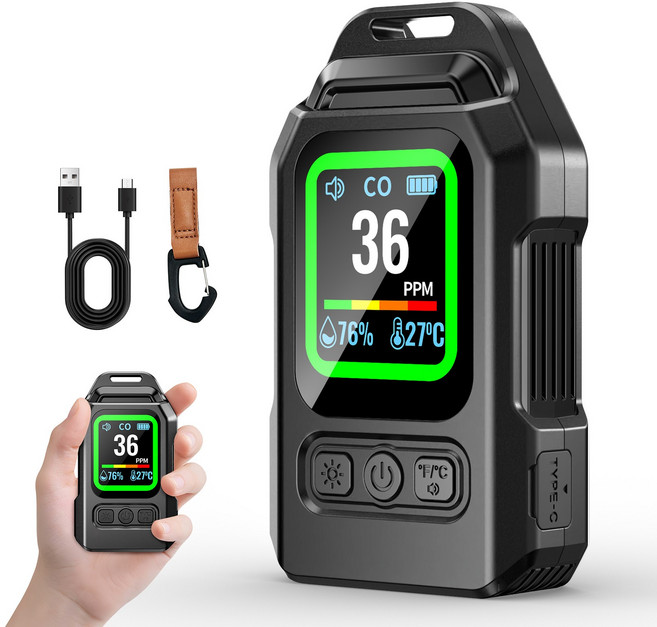 일산화탄소 경보기 측정기 감지기 휴대용 차량용 캠핑용 밝기조절 온습도 표시, 블랙