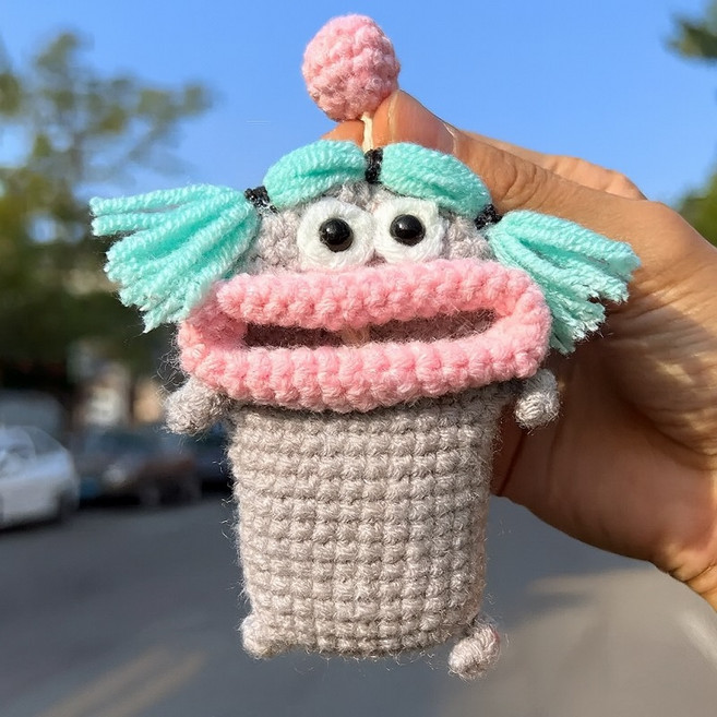 핸드메이드 왕 소시지입술 키홀더 에어팟 파우치 뜨개 자동차키링 보호케이스, 1개, 4.그레이양갈래