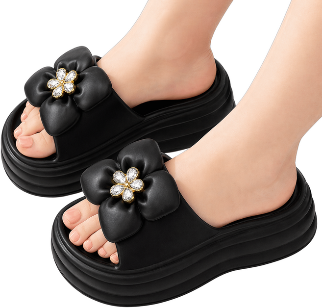 프로텍트유 여성 플라워 큐빅 통굽 슬리퍼 5cm