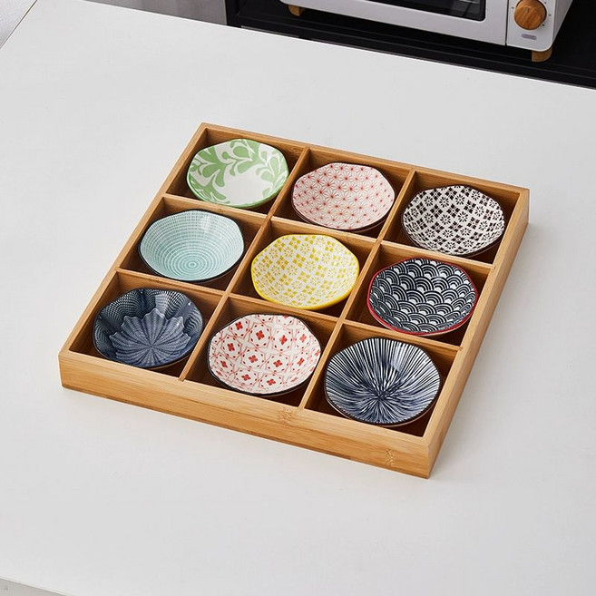 일본 나무 접시 업소용 구절판 트레이 플레이트 사시미, 9칸 원형 접시 포함 (스타일 2), 기본 구성품, 1개