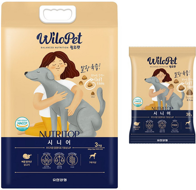 유한양행 윌로펫 뉴트리탑 시니어 노견 노령견 소프트 사료 3kg +추가 샘플 30g, 닭+쌀+야채, 1개