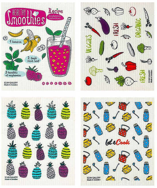 올리브조이 스웨덴 직수입 스칸갤러리 셀룰로오스 항균 99.9% 행주 키친 4종세트, 1세트