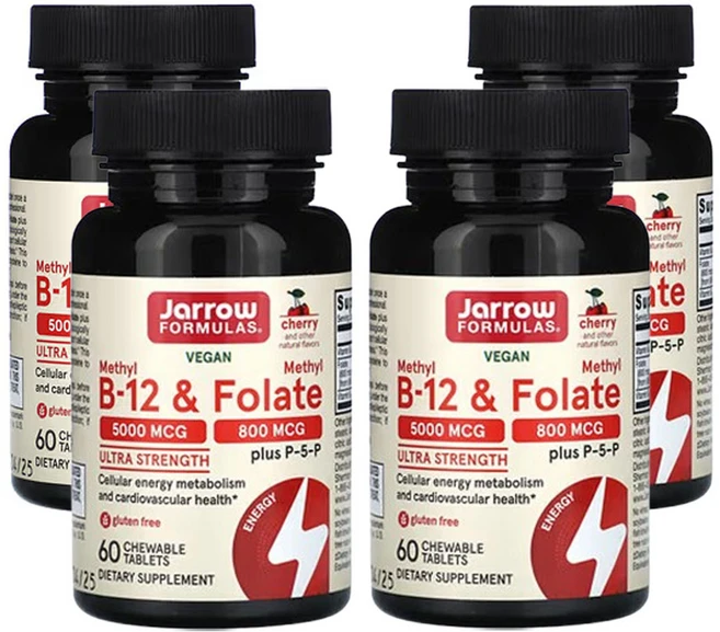 자로우 포물라 비건 메틸B-12 및 메틸엽산 울트라 스트렝스 체리 맛 츄어블, 4개, 60정 - 쿠팡