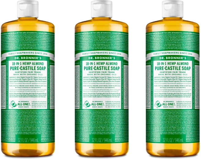닥터브로너스 퓨어 캐스틸솝 물 비누 945ml x 3 아몬드 18in1 다용도 설거지 얼굴 빨래 애완 - 쿠팡