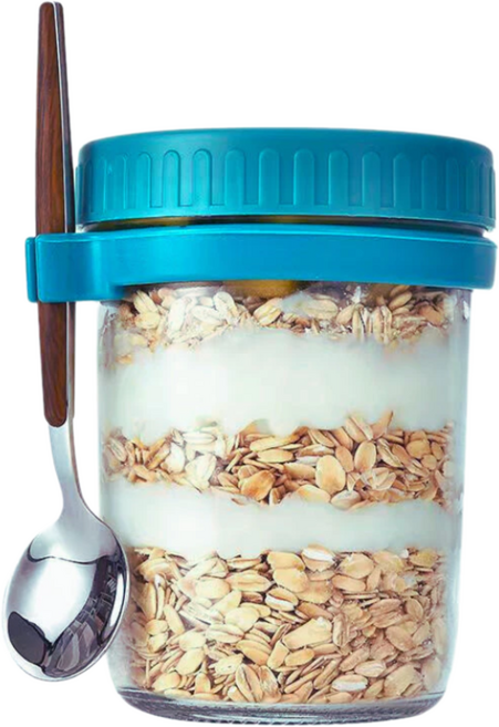 早餐杯 密封罐 梅森杯 代餐杯 優格杯, 玻璃燕麥杯 送湯匙 350ML-淺藍色, 1個