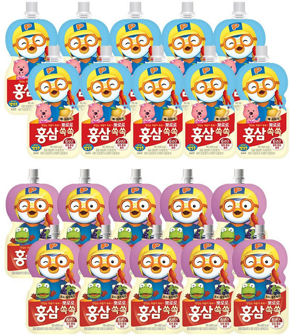 팔도 홍삼쏙쏙 4종 20개 배도라지 오렌지 포도 블루베리 사과 매실 어린이 아기 홍삼 음료 주스, 1세트, 1개, 2L