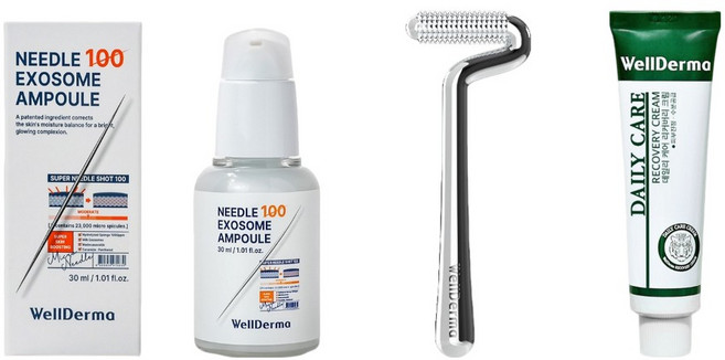 웰더마 니들100 엑소좀 모공 탄력 케어 3종 세트 – 스피큘 앰플 30ml + 페이스 리프팅 니들샷 롤러 + 데일리케어 리커버리 크림 30ml, 1개