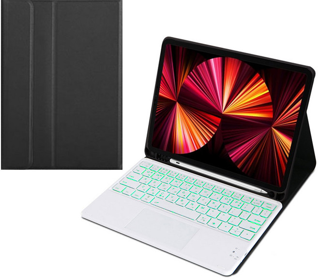 CSHINE 아이패드 애플펜슬 수납 led터치패드 트랙패드 블루투스 키보드 케이스, 검정콤비