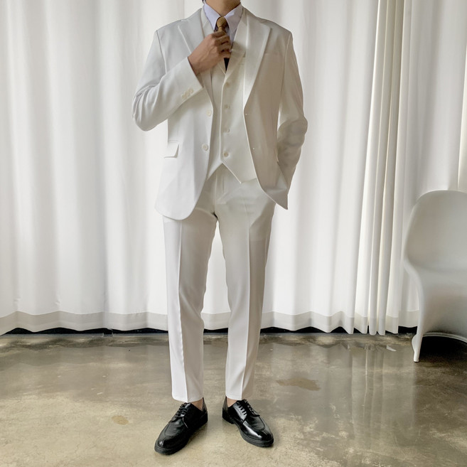 남성용 텐셀 스판 3피스 수트 정장 세트 화이트(자켓+베스트+바지)