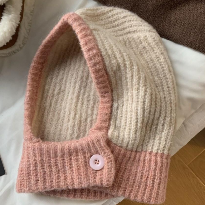 디어블루 여성 니트 바라클라바 투톤 배색 단추 방한 귀도리 넥워머 겨울 모자