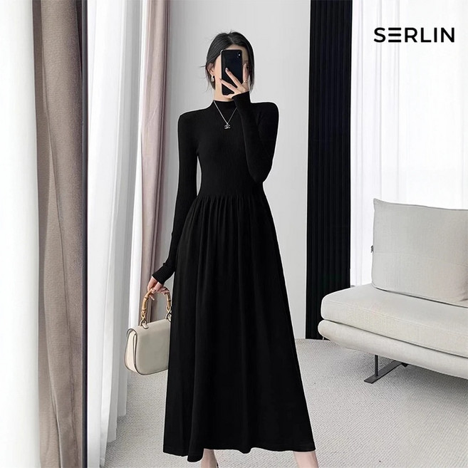 5위 - SERLIN 여성 하이넥 골지 니트 롱 원피스 긴팔 플레어 A라인 데일리 출근룩