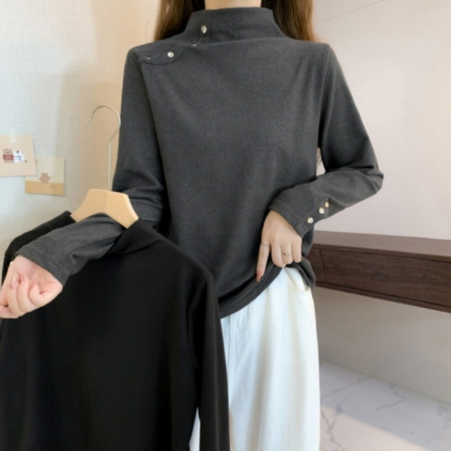 뉴욕멋쟁이 모던 루즈핏 버튼 여성 단색 반폴라티 (55~88사이즈까지)